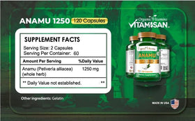 Étiquette de la bouteille Anamu 1250mg montrant les ingrédients