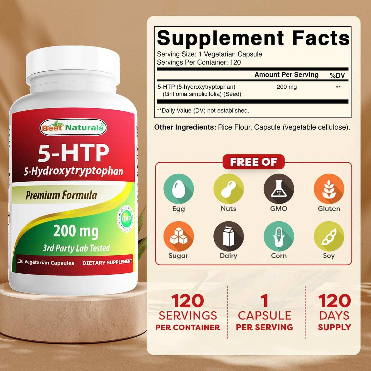 Étiquette de la bouteille Best Naturals 5-HTP 200 mg