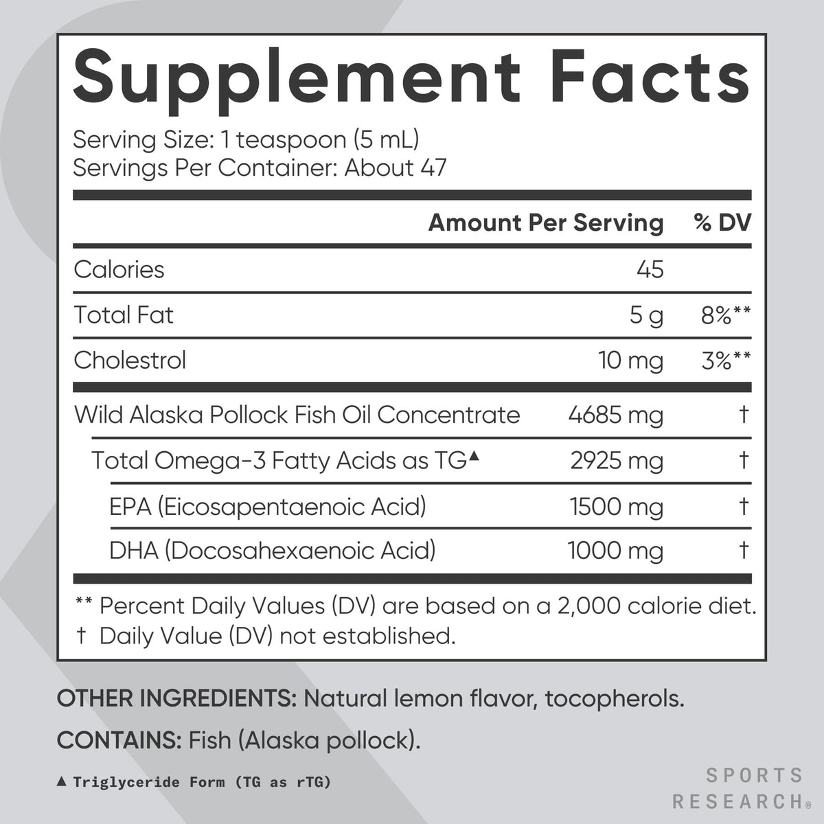 Étiquette de la bouteille d'Omega-3 Sports Research