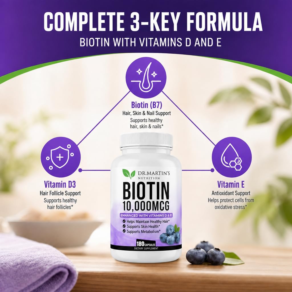 Étiquette de la bouteille de Biotine 10000mcg D3 et E