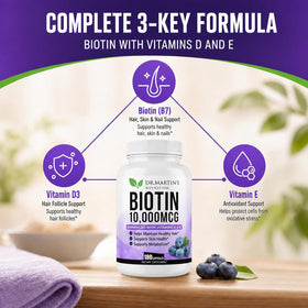 Étiquette de la bouteille de Biotine 10000mcg D3 et E