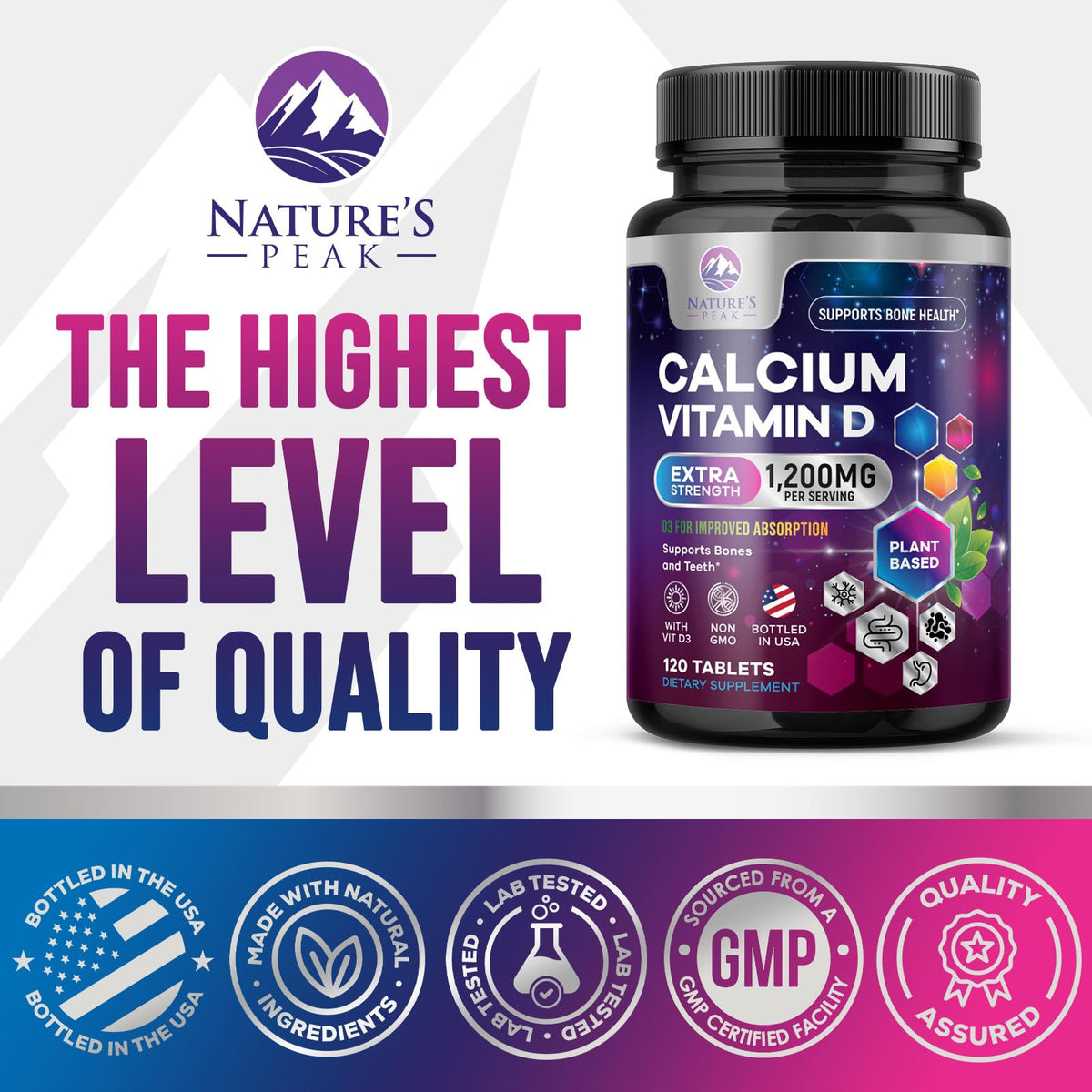 Étiquette de la bouteille de Calcium 1200 mg avec Vitamine D3 Nature's Peak
