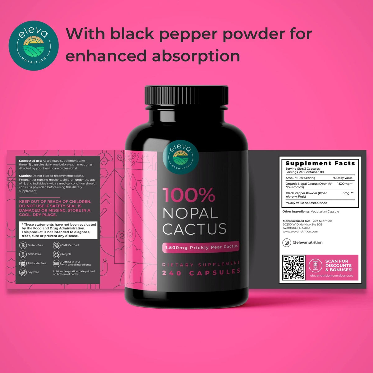 Étiquette de la bouteille de capsules de cactus nopal Eleva Nutrition
