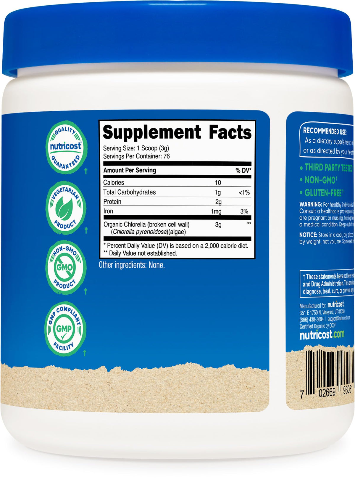 Étiquette de la bouteille de chlorelle bio Nutricost