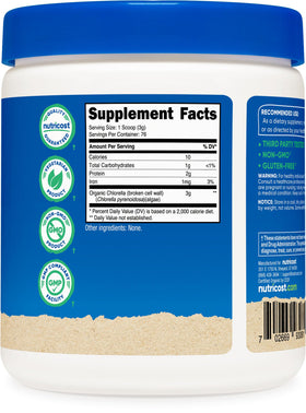 Étiquette de la bouteille de chlorelle bio Nutricost