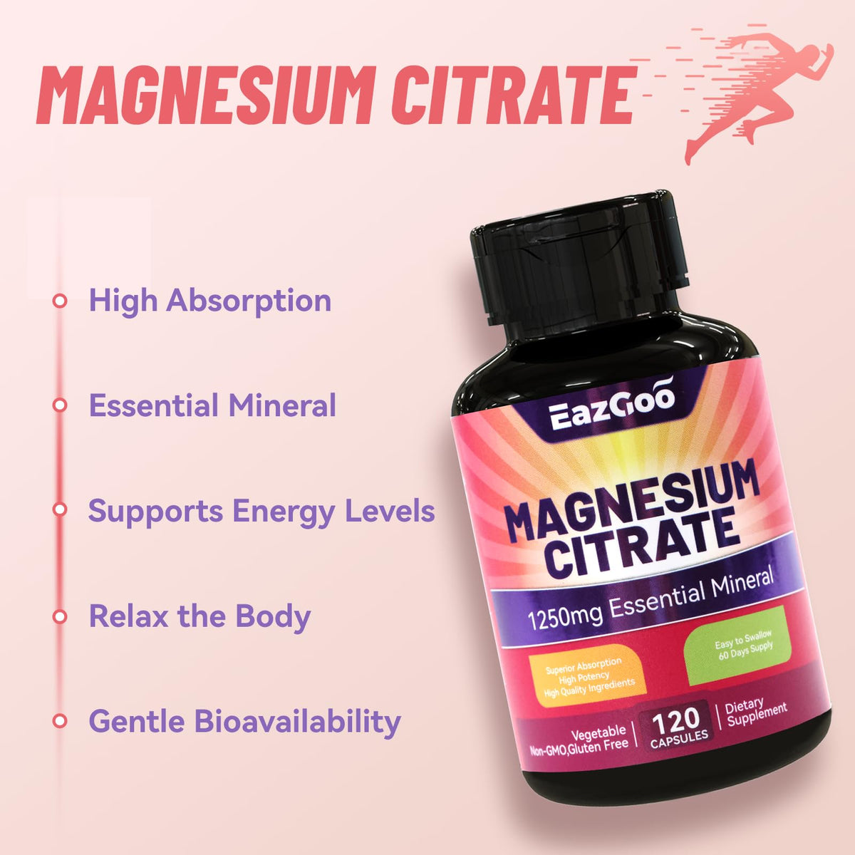 Étiquette de la bouteille de citrate de magnésium EAZGOO montrant les spécifications