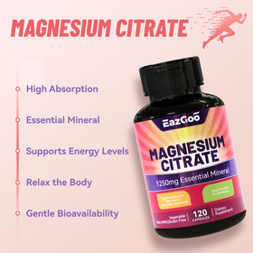 Étiquette de la bouteille de citrate de magnésium EAZGOO montrant les spécifications