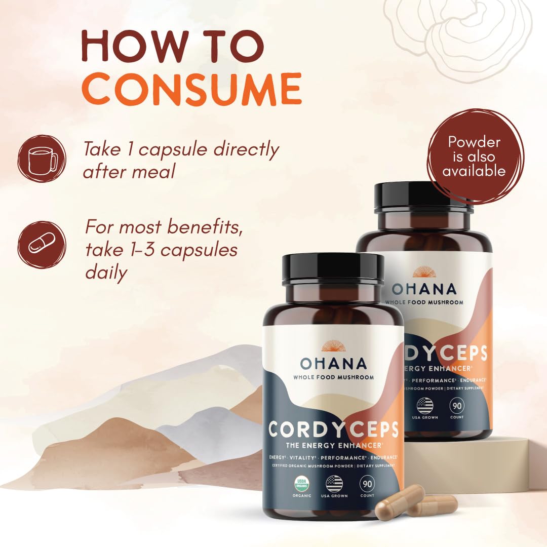 Étiquette de la bouteille de Cordyceps bio Ohana avec informations nutritionnelles