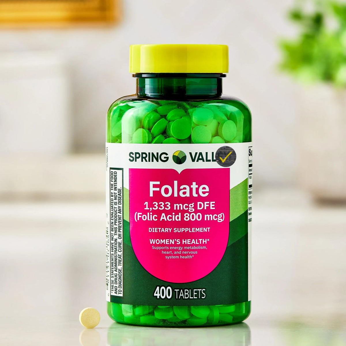 Étiquette de la bouteille de Folate 1 333 mcg DFE montrant les ingrédients