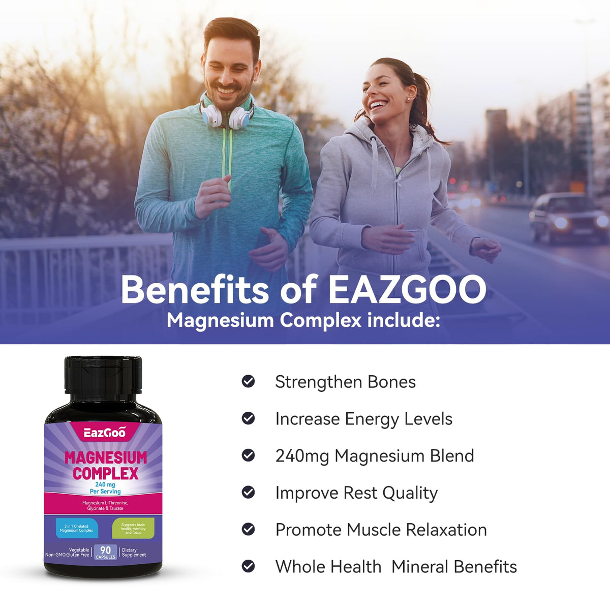 Étiquette de la bouteille de magnésium EAZGOO avec informations nutritionnelles