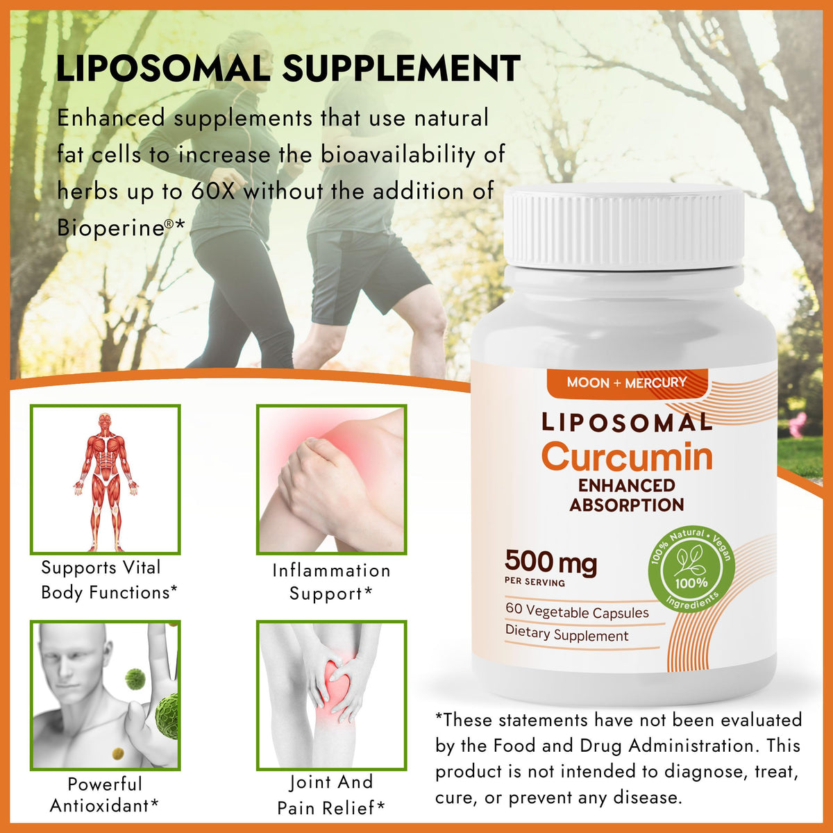 Étiquette de la bouteille de Moon + Mercury Curcuma Liposomal 500mg