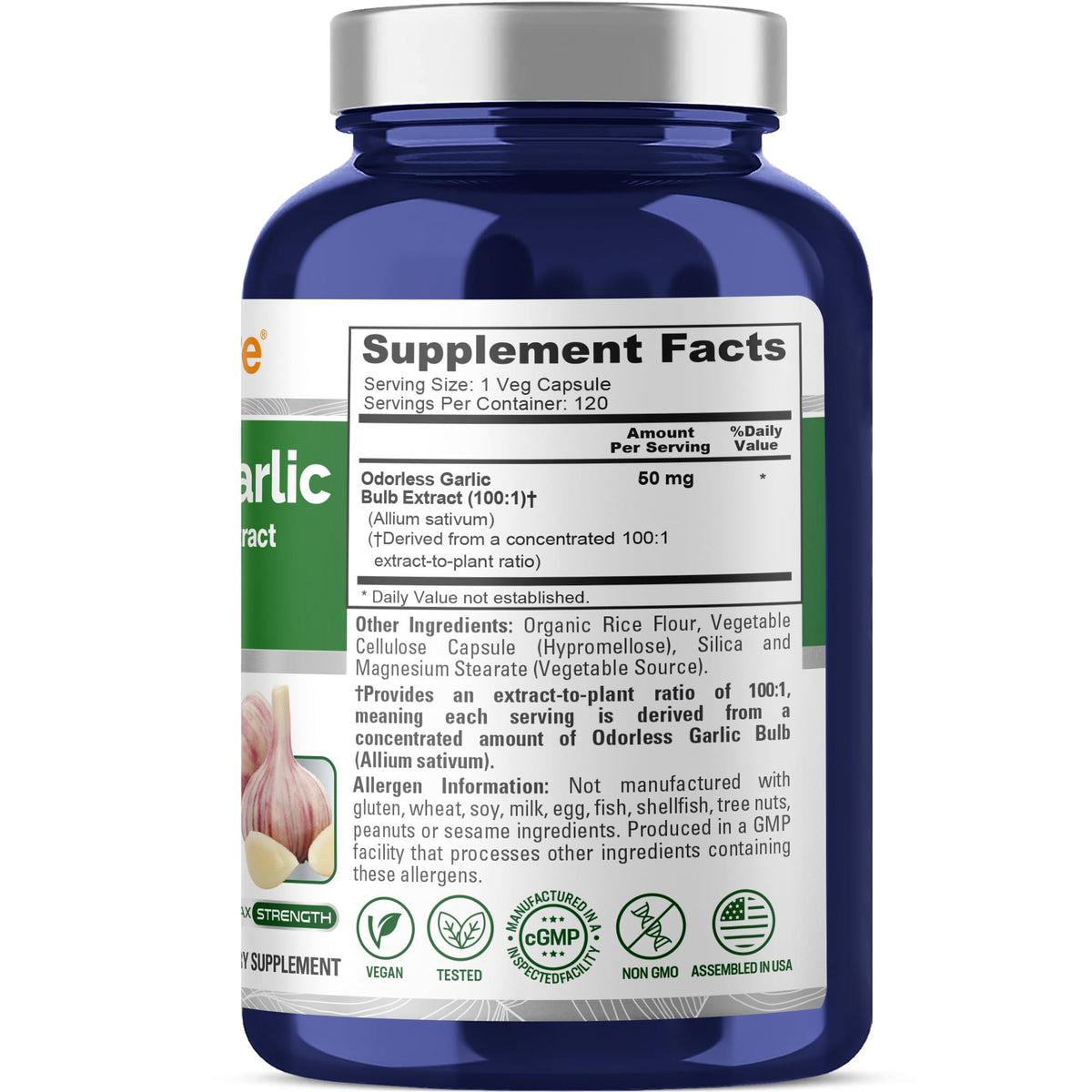 Étiquette de la bouteille de NusaPure Ail sans odeur 50 mg 120 gélules