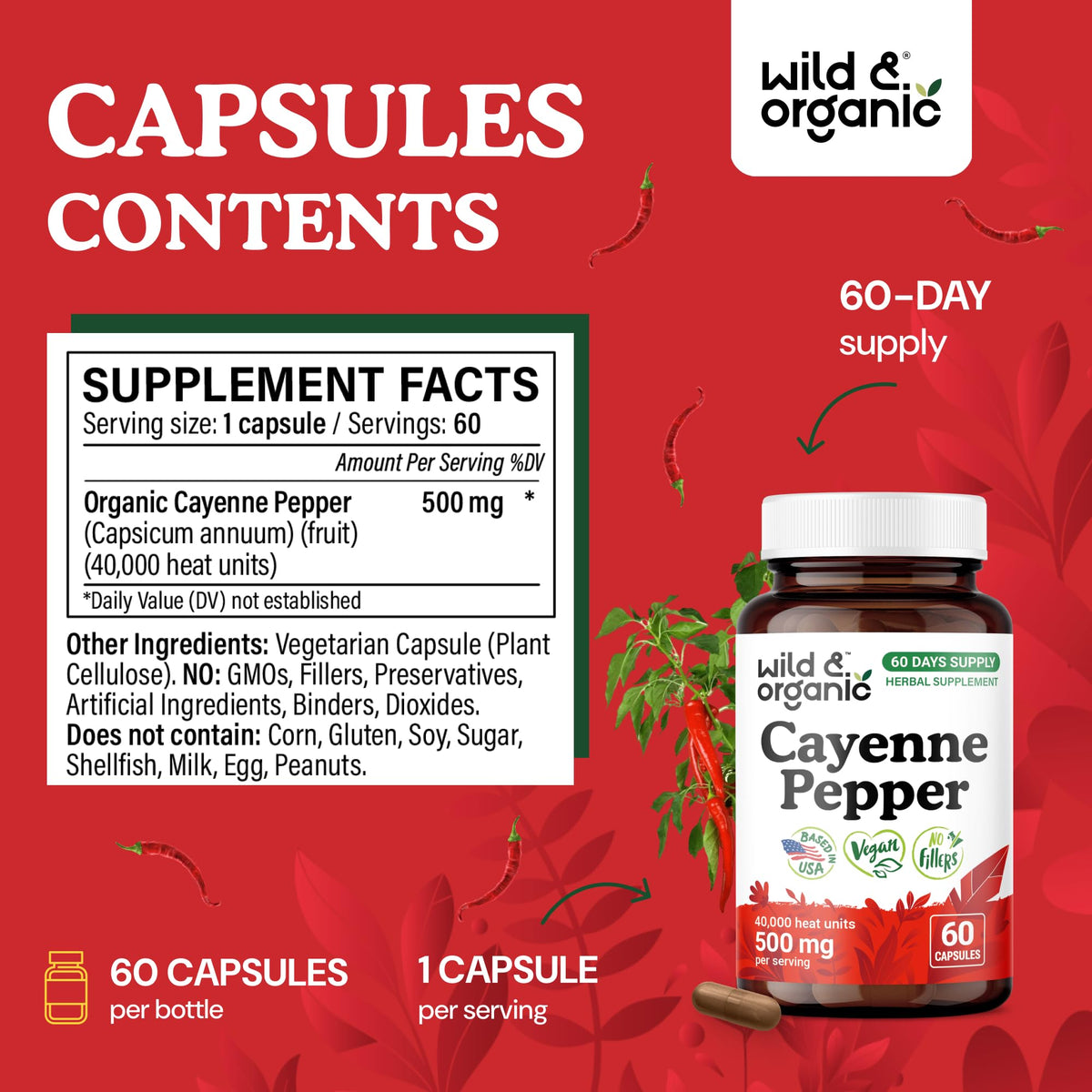 Étiquette de la bouteille de piment de cayenne Wild & Organic