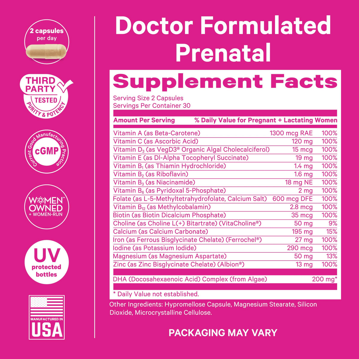 Étiquette de la bouteille de Pink Stork Total Prenatal + DHA