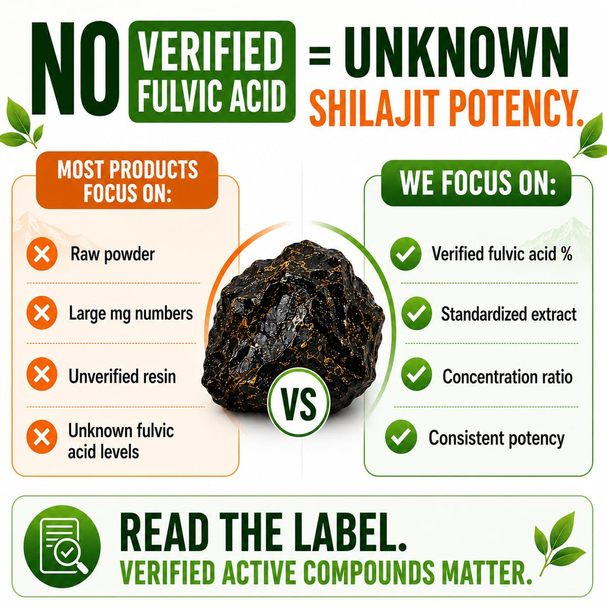 Étiquette de la bouteille de Shilajit HCL en gros plan