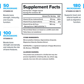Étiquette de la bouteille de Vitamine D3 K2 avec ingrédients affichés