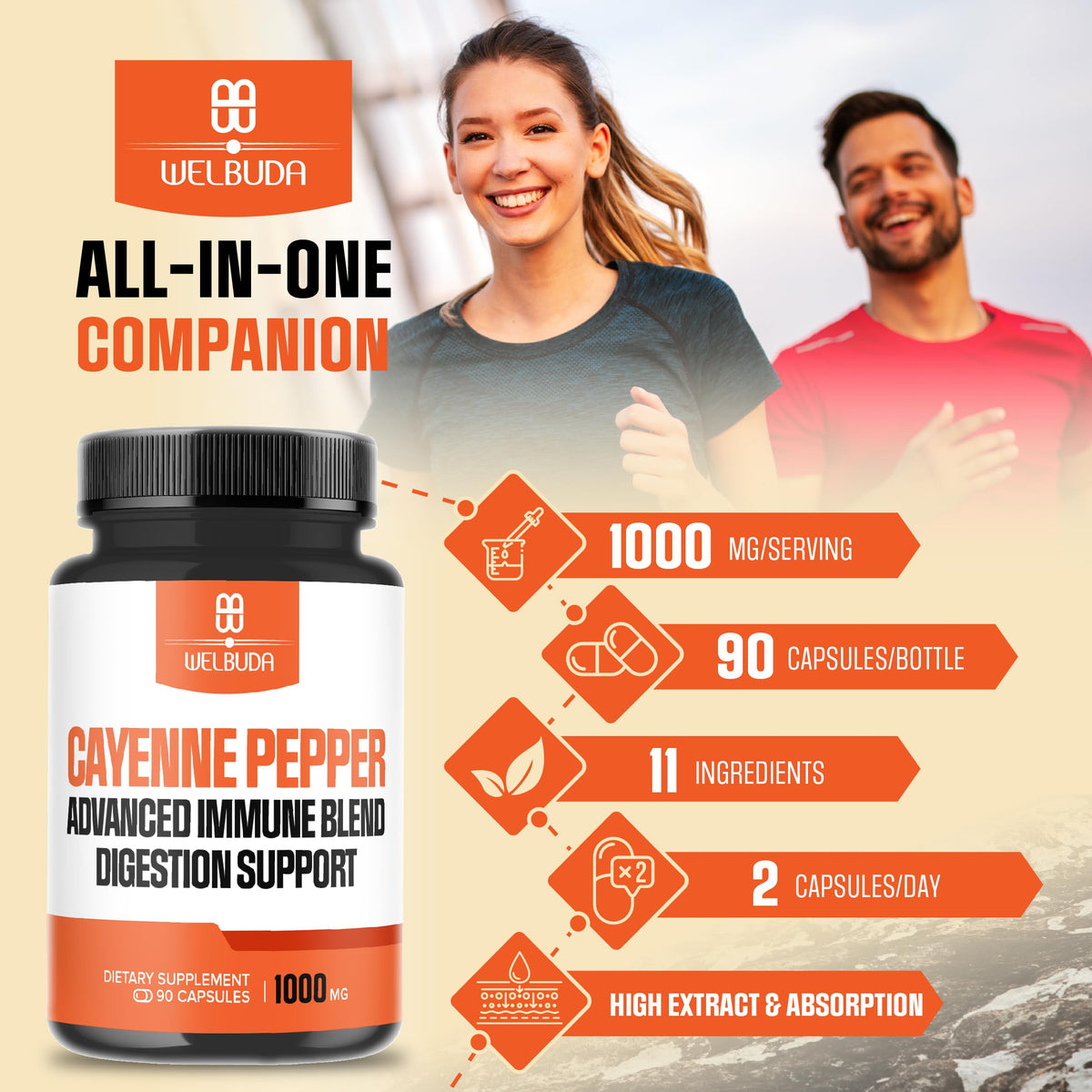 Étiquette de la bouteille de WELBUDA capsules de poivre de cayenne