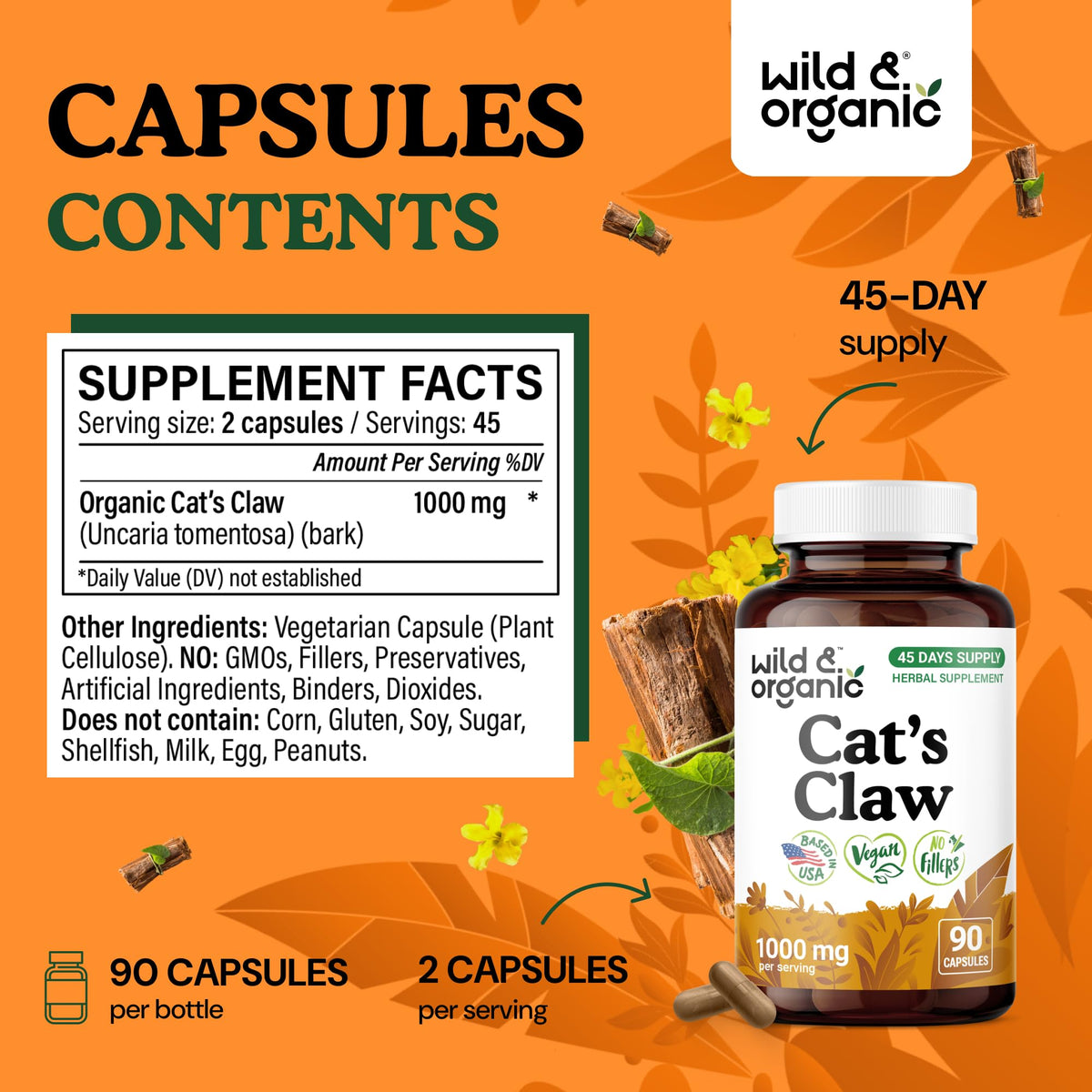 Étiquette de la bouteille de Wild & Organic Griffe du Chat 1000 mg