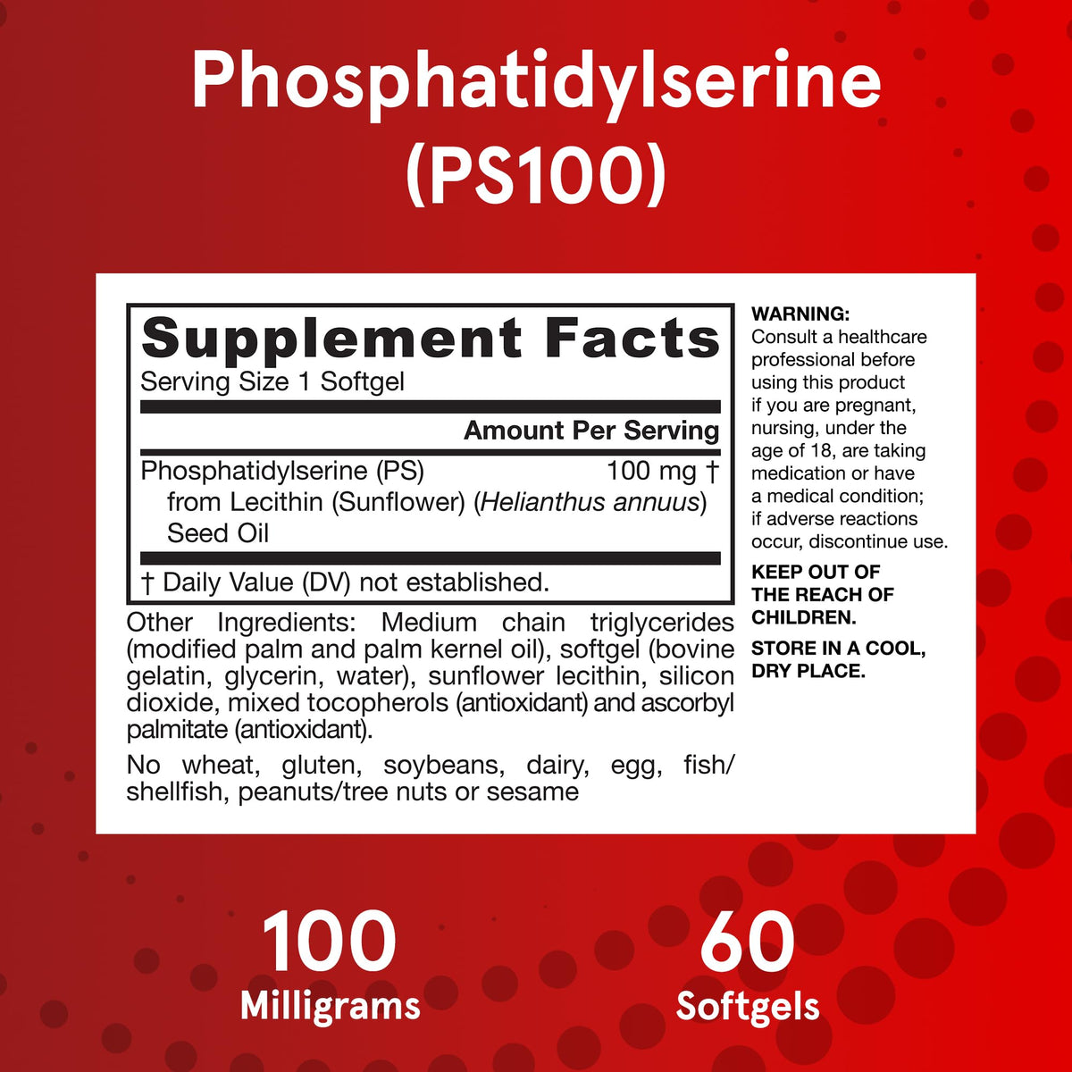 Étiquette de la bouteille Jarrow Formulas PS100 Phosphatidylsérine