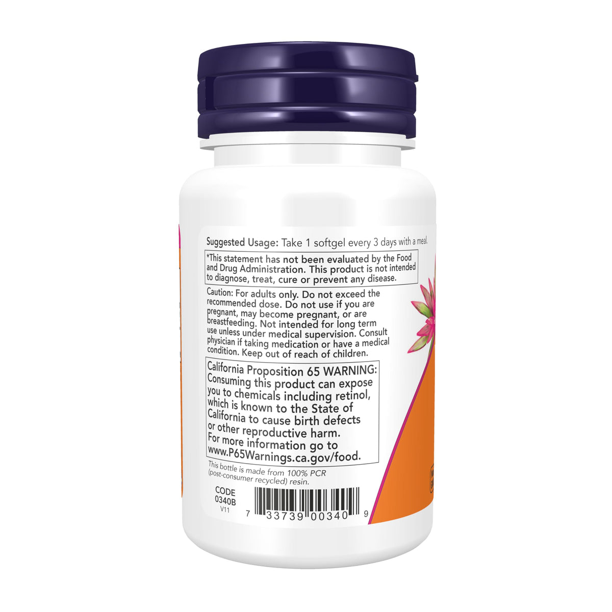 Étiquette de la bouteille NOW Foods Vitamine A 25000 UI