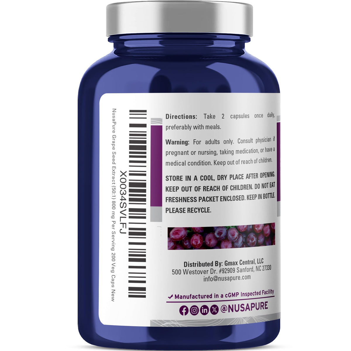 Étiquette de la bouteille NusaPure avec dosage de 800 mg