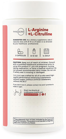 Étiquette de la bouteille Type Zero L-Arginine + L-Citrulline 1500mg