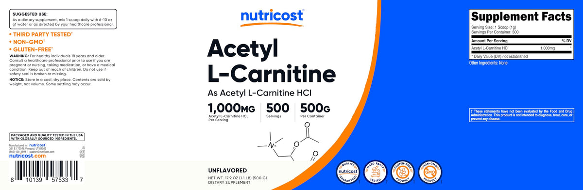 Étiquette de la poudre d'acétyl L-carnitine Nutricost
