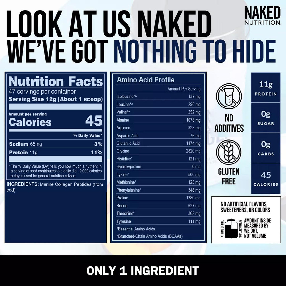 Étiquette de la poudre de collagène marin NAKED avec informations nutritionnelles