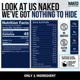 Étiquette de la poudre de collagène marin NAKED avec informations nutritionnelles