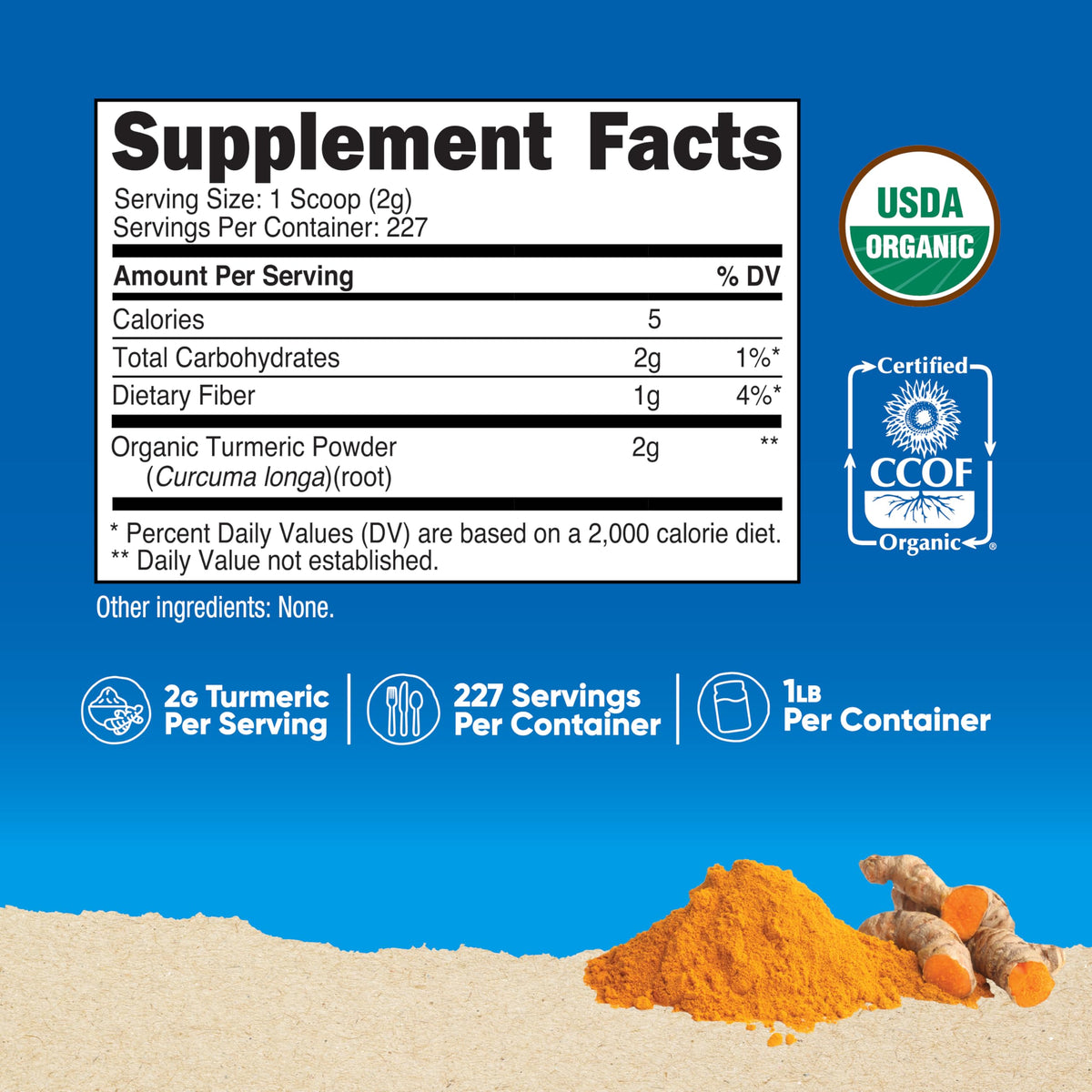 Étiquette de la poudre de curcuma bio Nutricost avec certification