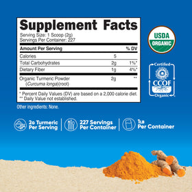 Étiquette de la poudre de curcuma bio Nutricost avec certification