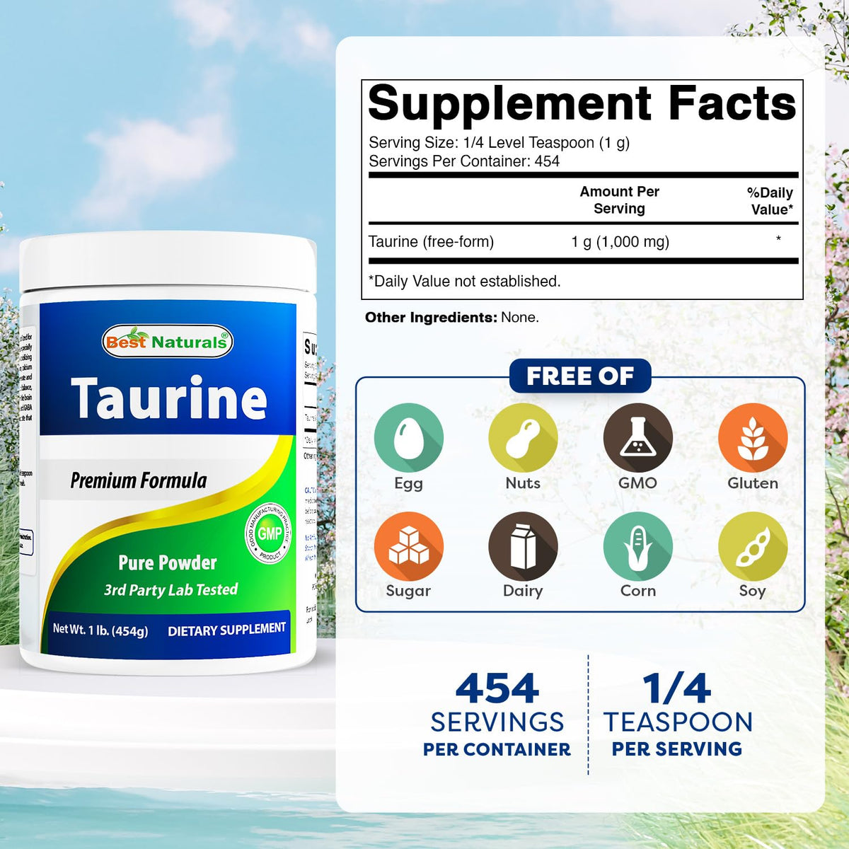Étiquette de la poudre de taurine Best Naturals 1000mg