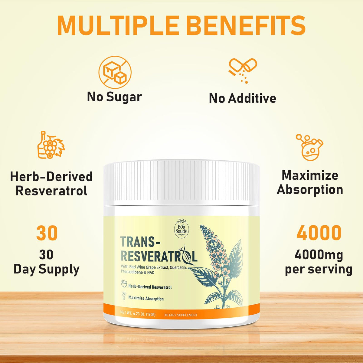 Étiquette de la poudre de Trans-Resvératrol 3000mg de BoaSaude