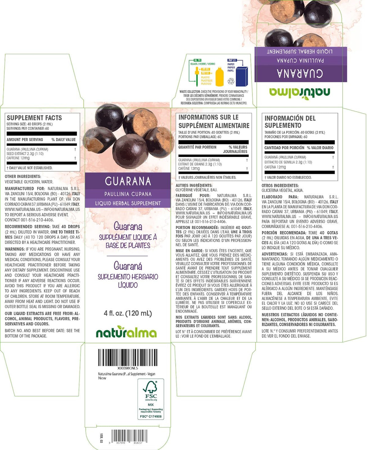 Étiquette de la teinture de guarana Naturalma avec ingrédients