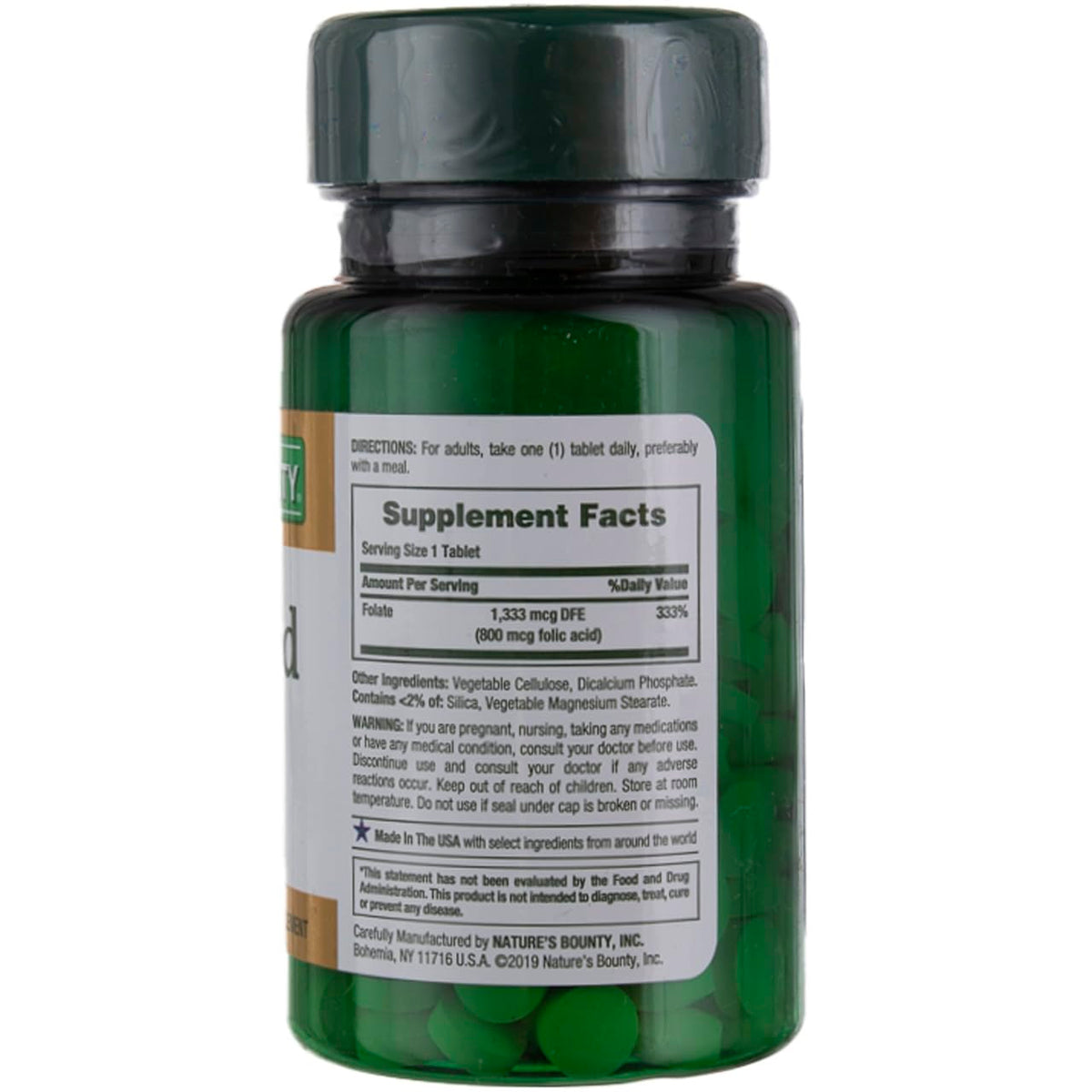 Étiquette de Nature's Bounty Acide Folique 800 mcg 250 comprimés