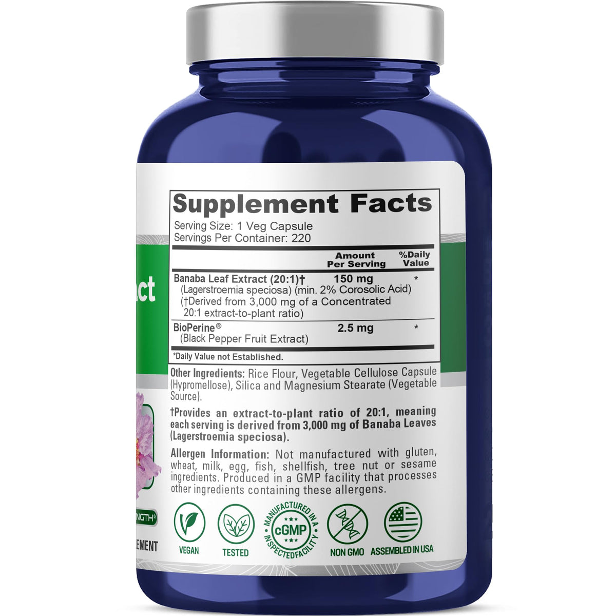 Étiquette de NusaPure Feuille de Banaba 150mg avec informations nutritionnelles