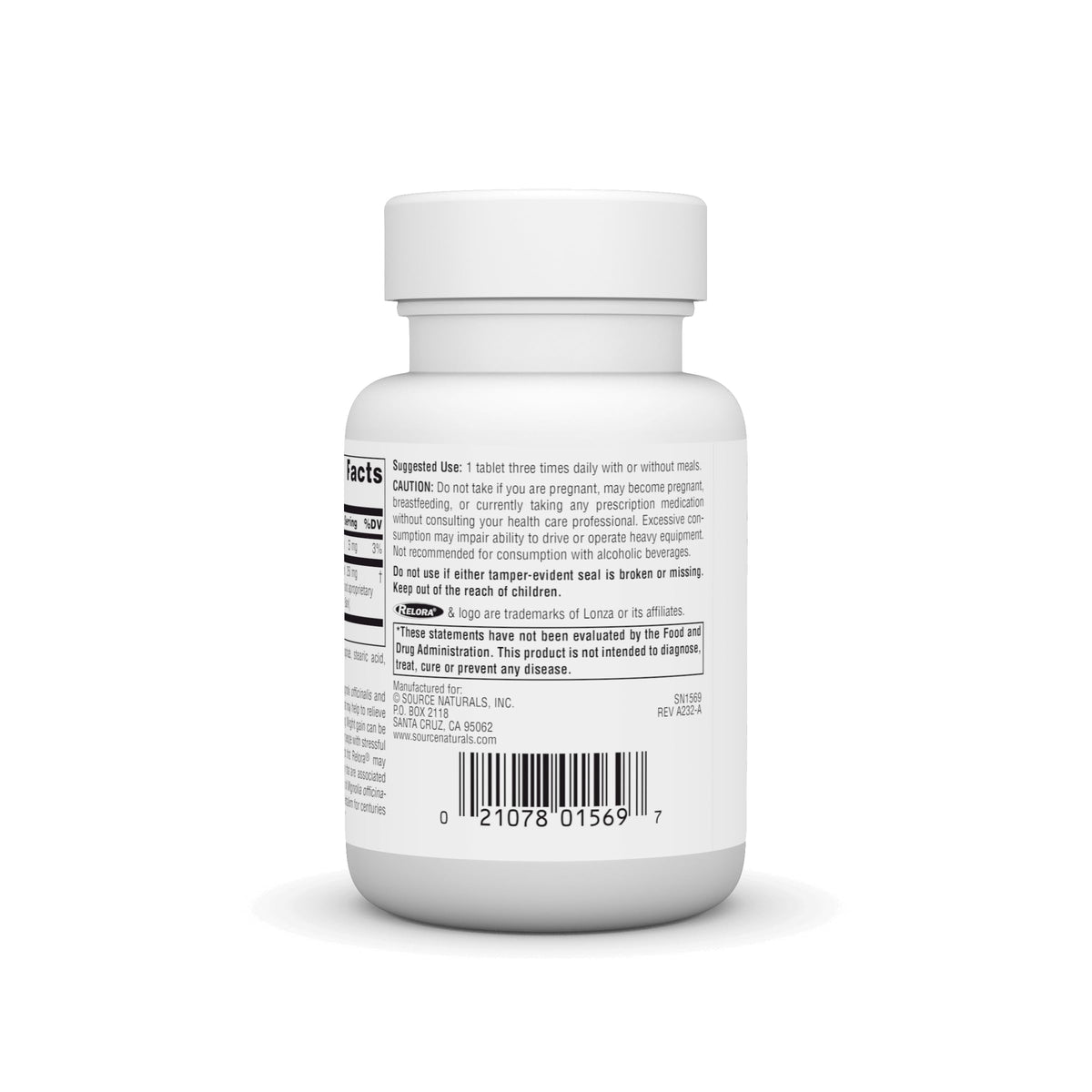 Étiquette de Relora Source Naturals montrant ingrédients et dosage