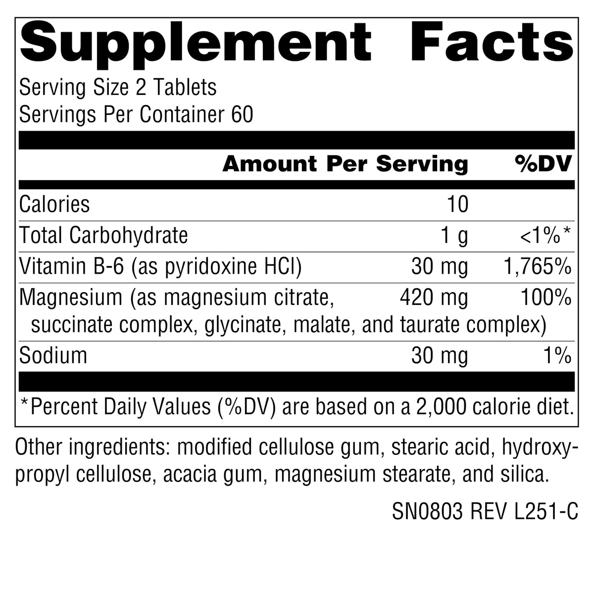 Étiquette de Source Naturals Ultra-Mag montrant les ingrédients et les spécifications