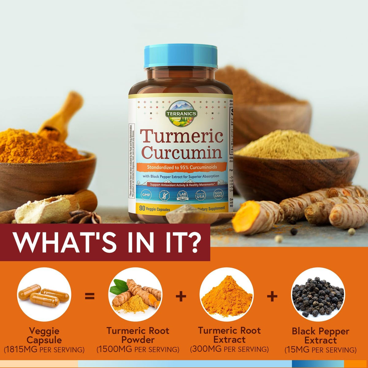Étiquette de Terranics Curcuma 1800mg avec ingrédients