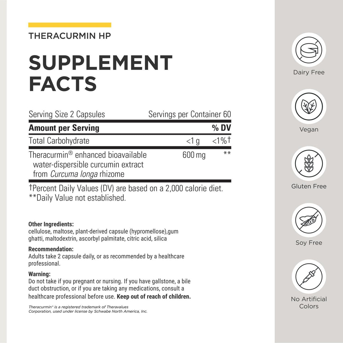 Étiquette de Theracurmin HP avec ingrédients et dosage