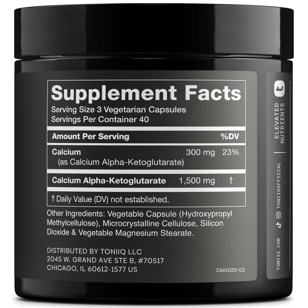 Étiquette de Toniiq Ca AKG 1500mg avec ingrédients