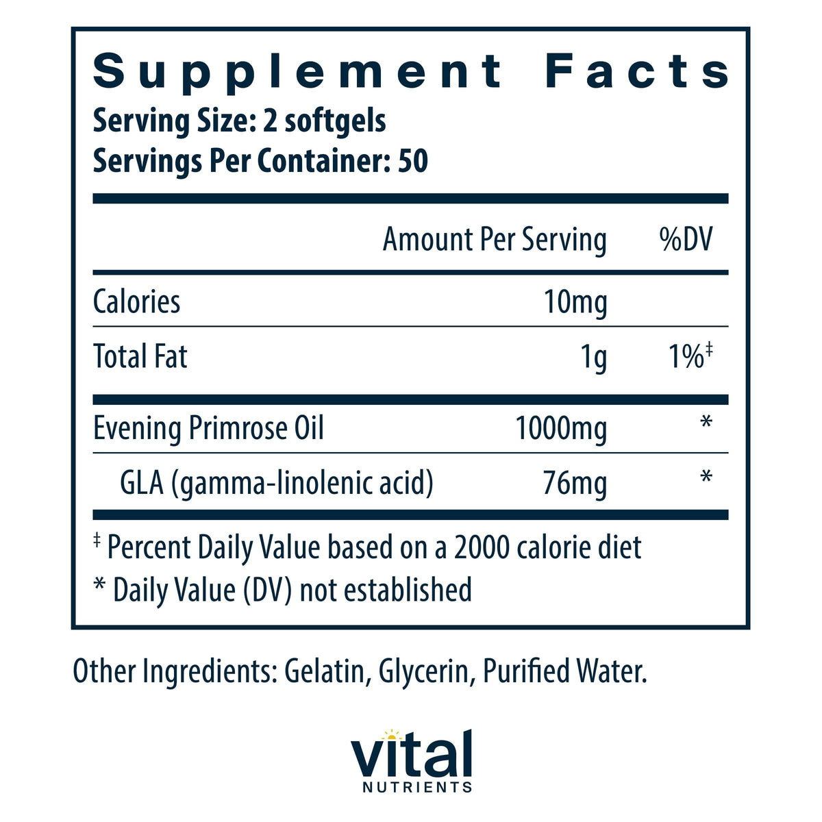 Étiquette de Vital Nutrients Huile de Onagre 1000 mg