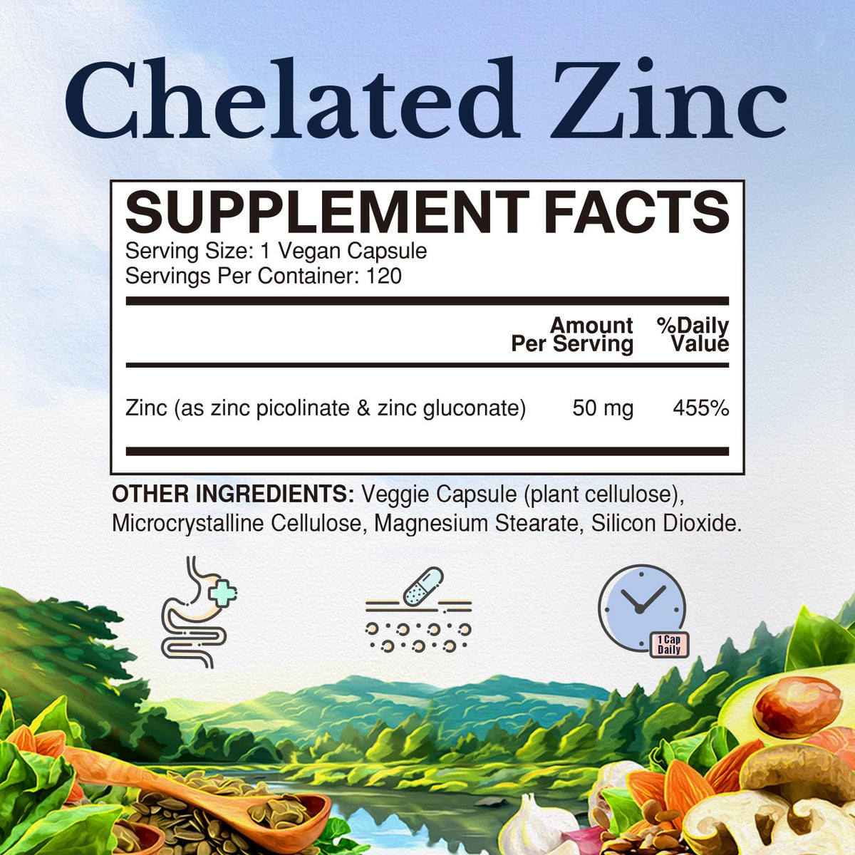 Étiquette de Vitalitown Zinc 50 mg avec ingrédients détaillés