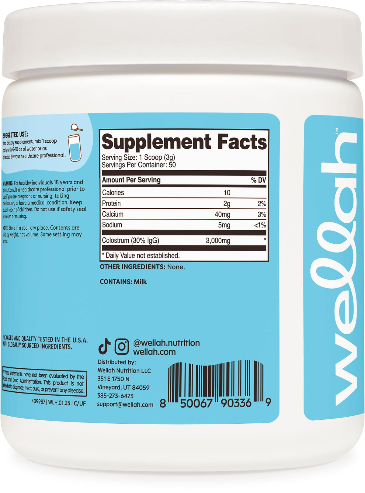 Étiquette de Wellah Poudre de Colostrum avec informations nutritionnelles