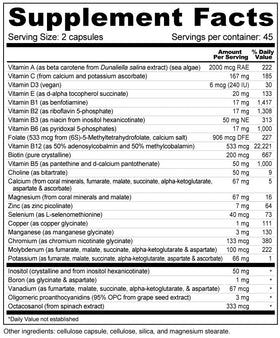 Étiquette de Wellness Resources Multivitamine avec ingrédients et spécifications