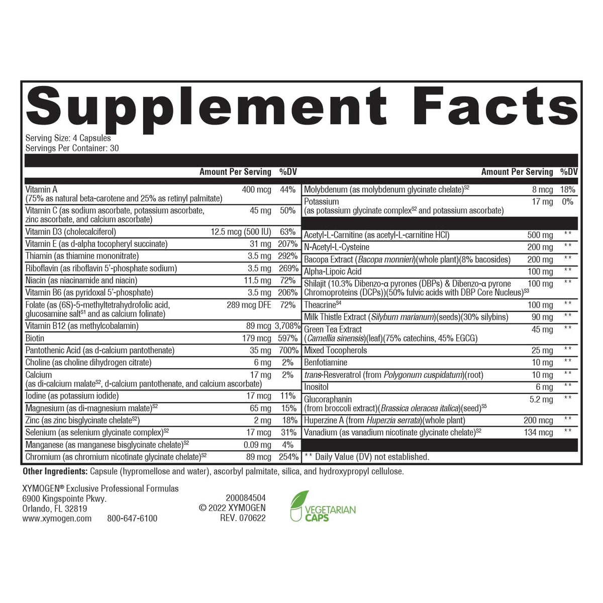 Étiquette de XYMOGEN ActivNutrients Performance avec détails des ingrédients