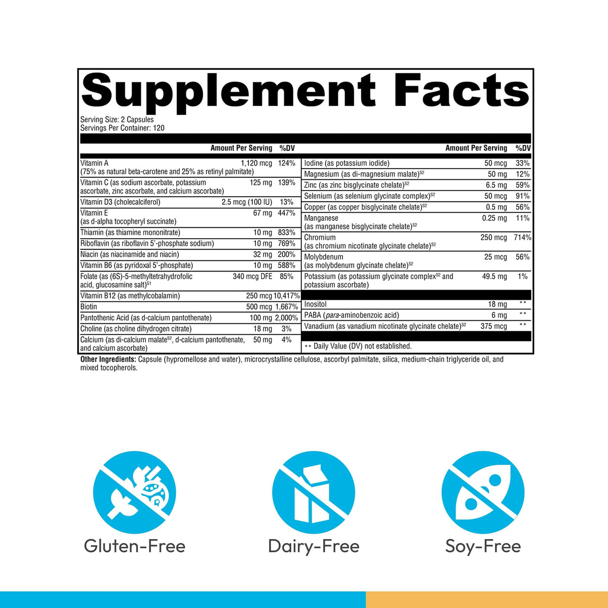 Étiquette de XYMOGEN ActivNutrients sans fer, détails des ingrédients