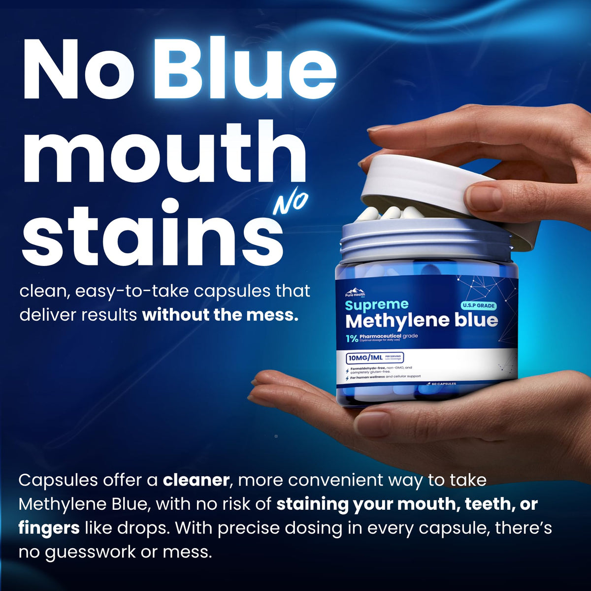 Étiquette des capsules de bleu de méthylène PURE HEALTH MAX