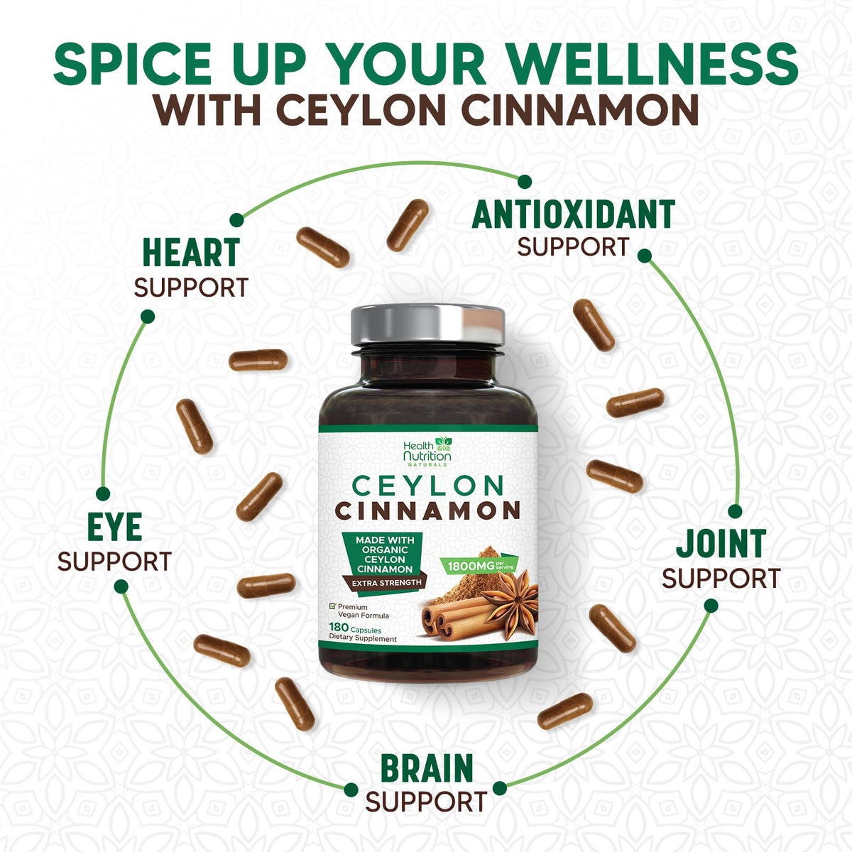 Étiquette des capsules de cannelle de Ceylan avec les ingrédients