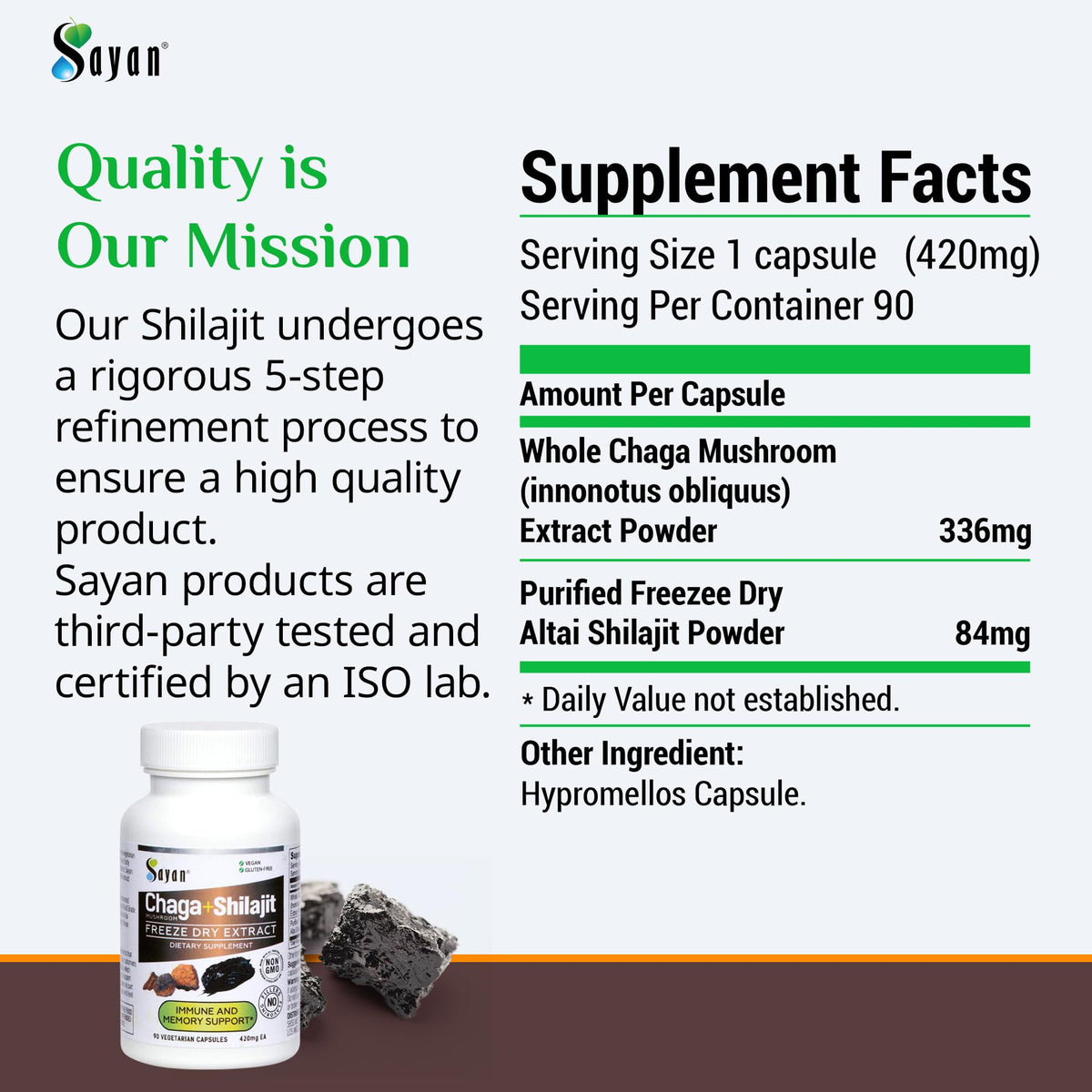 Étiquette des capsules de Chaga Sayan montrant les ingrédients